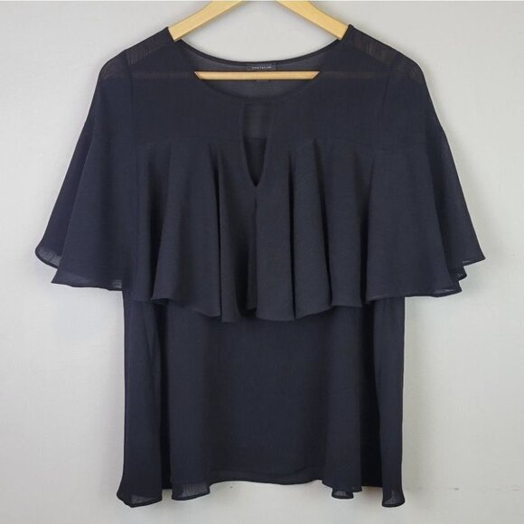 𝅺ann Taylor Ruffle Short Sleeve Blouse Black XS - Picture 10 of 10